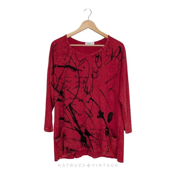 Jess Jane Tunic Top Tee L Red Artsy Flowy Lagenlook Pocket Abstract Maximalist - Picture 1 of 9